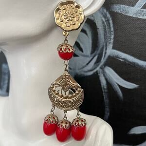 Stunning Red Coral Gold Tone Bohemian Statement Chandelier Earring